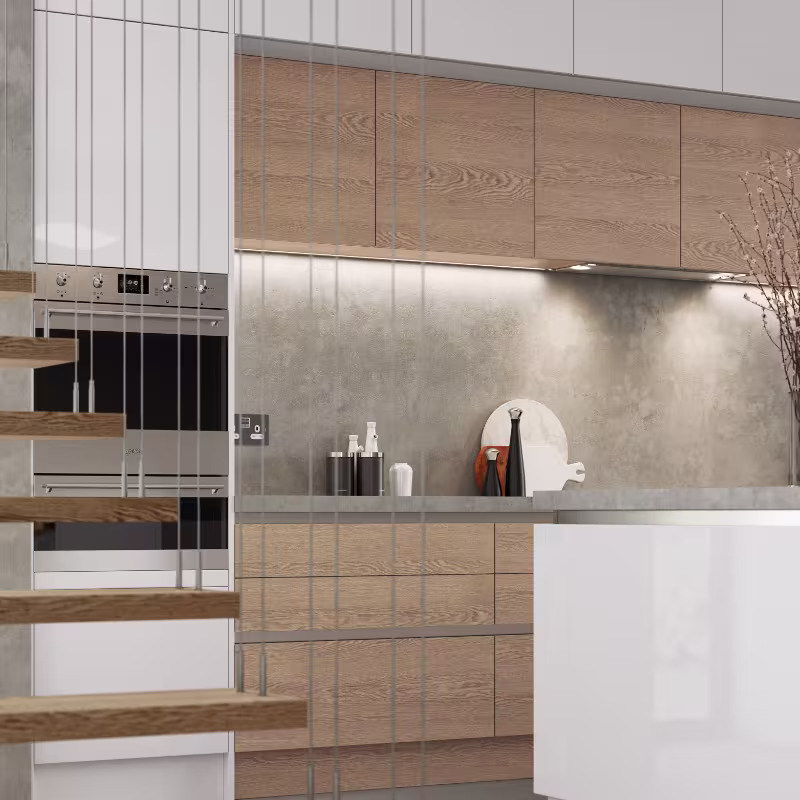 warm wood tavola oak and white gloss kitchen